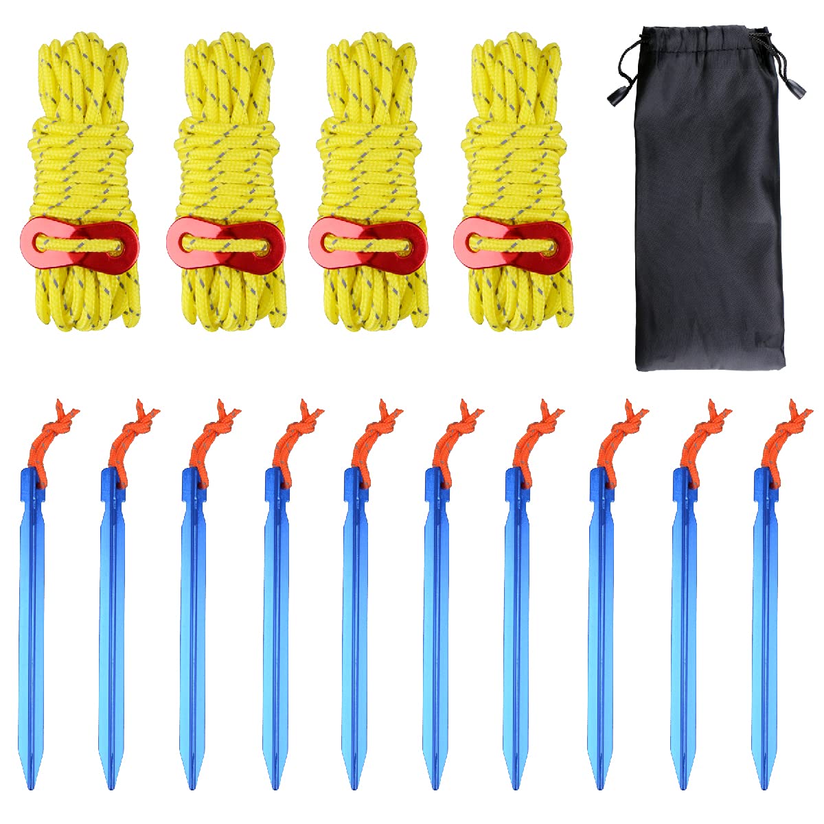 Azarxis Tent Guy Rope 4mm Reflective Guy Line 4m / 13ft Tarp Guide Rope with Aluminum Tensioner Cord Adjuster for Camping Awning Packing Tying Down (Yellow - 4 Pack + Blue Tent Peg - 10 Pack)