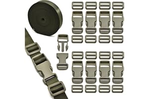 MELORDY 1 inch Buckles Straps Set with 10 Yards Nylon Webbing, 10 pcs Quick Side Release Plastic Buckle, 20 pcs Tri-glide Slide Clip for Luggage and Backpack Replacement (Army Green)