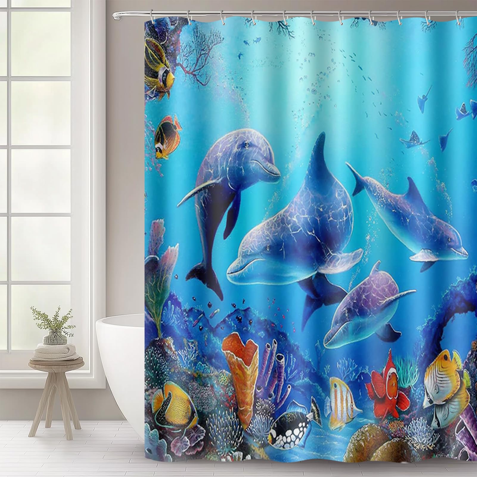 WOWTOY Shower Curtain with 12 Hooks, Waterproof Polyester Fabric Bathroom Bathtub Shower Curtain Liner, Weighted Hem, Washable, Quick Dry (180 x 200cm, Ocean 03)
