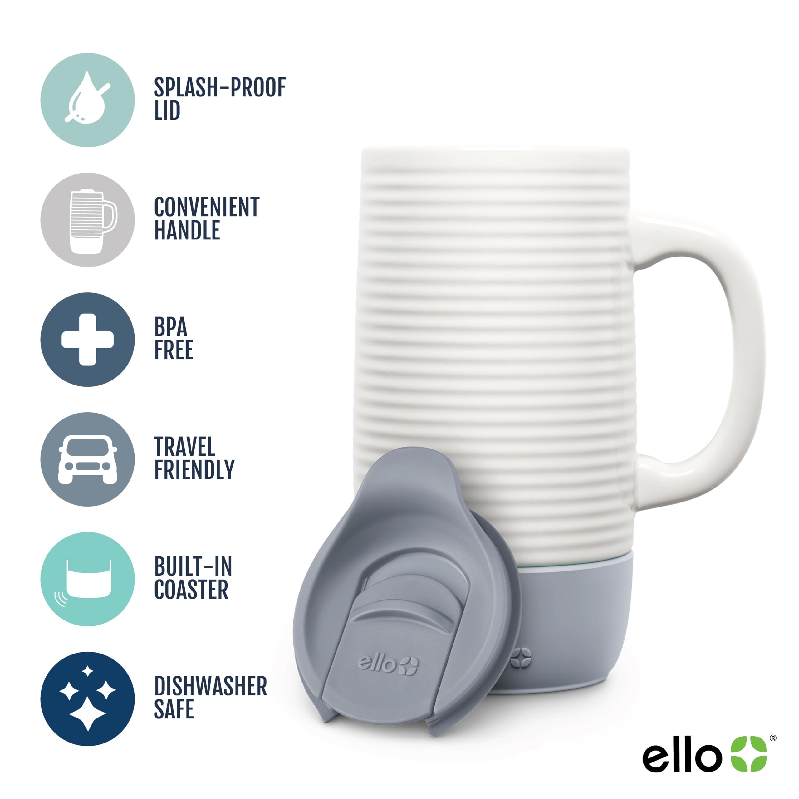 Ello Jane 18oz Ceramic Travel Mug with Handle, Splash-Resistant Slider Lid and Built-in Coaster, Perfect for Coffee and Tea, BPA Free, Dishwasher Safe, Holiday Gift Her Him, Gray