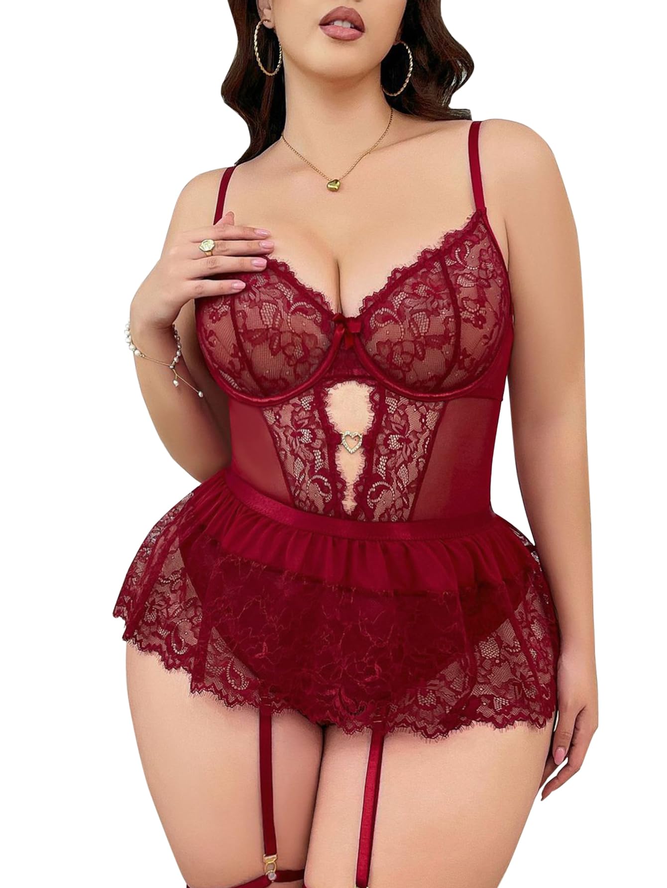 Photo 1 of Lilosy Sexy Stocking Rhinestones Heart Garter Underwire Push Up Floral Mesh lace Sheer Babydoll Lingerie Women Teddy Bodysuit Skirt Set See Through 2 3 Piece Plus Curvy Sheer Wine Red XX-Large
