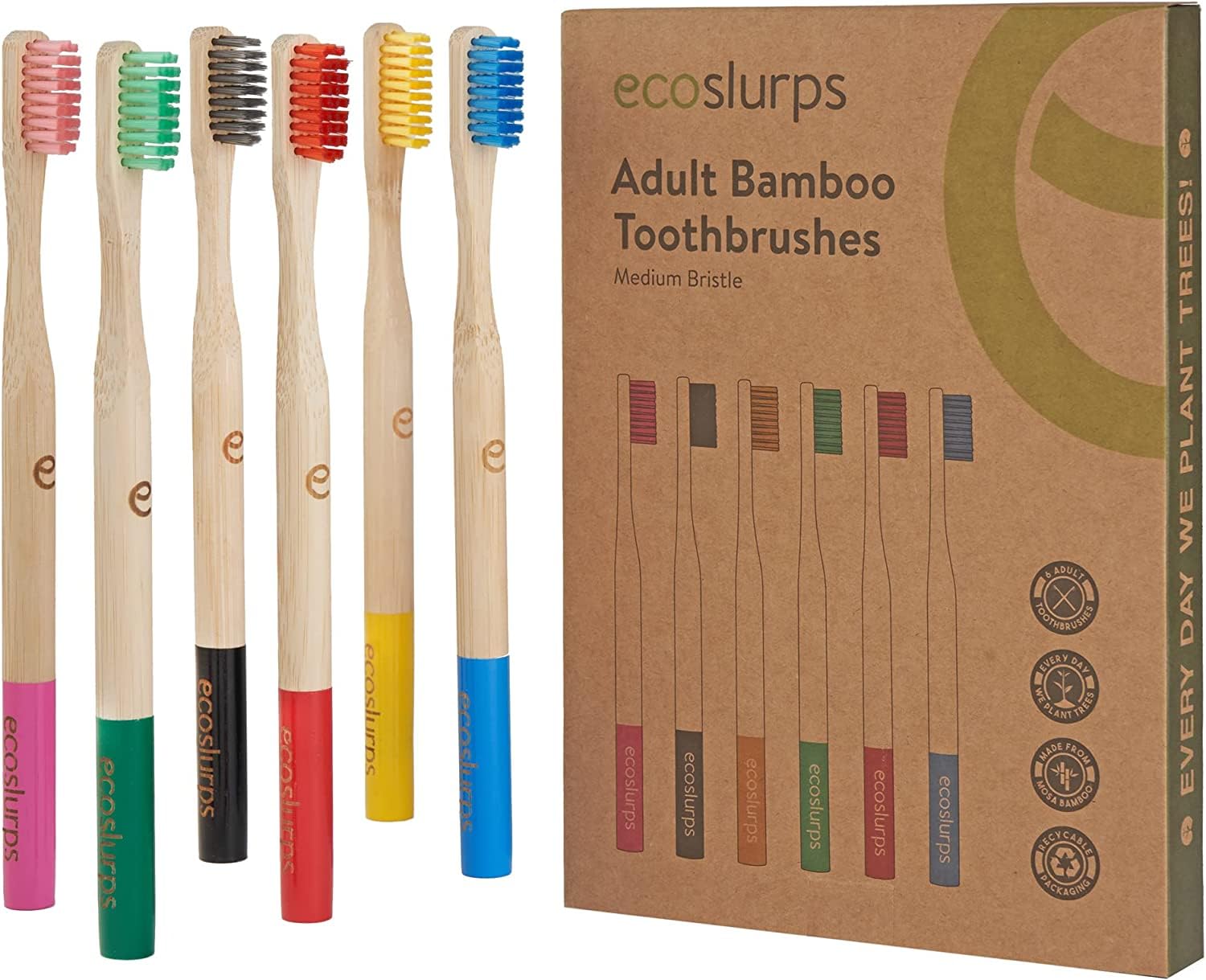 EcoSlurps 6 Bamboo Toothbrushes - British Brand - Family Multipack Adult Bamboo Toothbrush Medium Bristles - Colour Handles ecofriendly compostable and Biodegradable (6 Multicoloured)