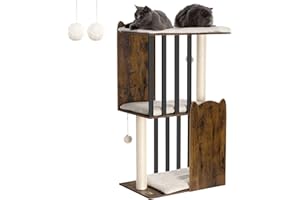 FourFurPets 43.8in 3-Tier Modern Cat Tree Tower Condo, Cat Scratch Posts for Indoor Cats, Big Plate, Two 19.7in Full Sisal Scratching Posts, Rustic Brown