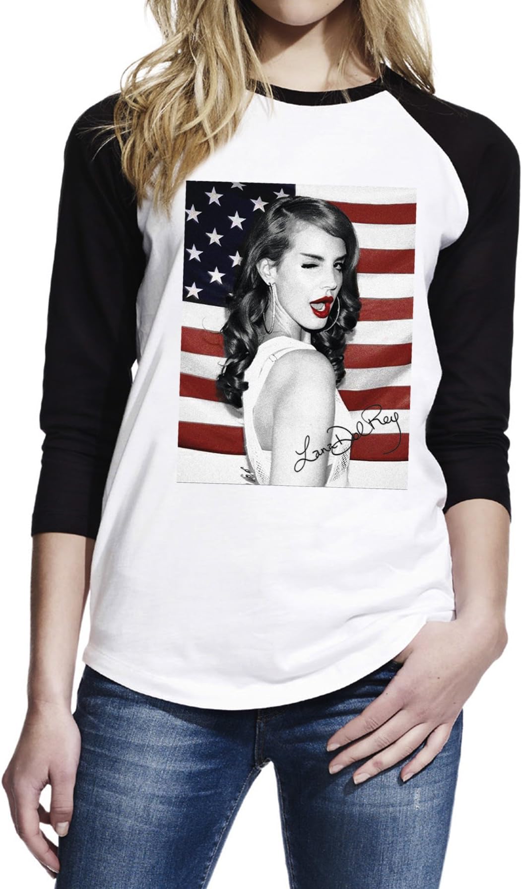 TopFusion Women's Lana Del Rel with US Flag 3/4 Sleeve Baseball T-Shirt