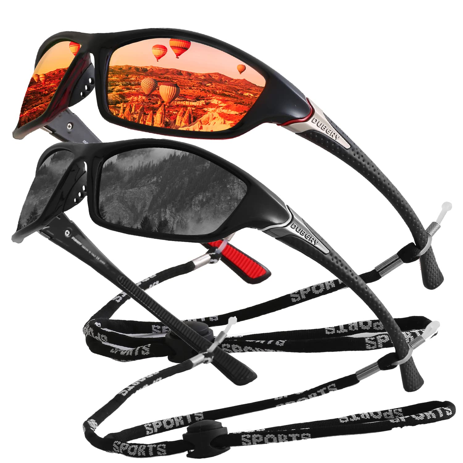 yoofun Sports Sunglasses Men Polarized Driving Cycling Fishing Running Sun Glasses UV400 Goggles with Glasses Rope Strap (Black&Gun/Black+Black&Silver/Red)