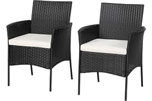 RELAX4LIFE Wicker Patio Chairs Set of 2, Indoor Outdoor PE Rattan Armchairs w/Cane Back, Seat Cushions for Bistro Porch Poolside, 360LBS Weight Capacity, 2 Pack Outdoor Dining Chairs (2, Black+Beige)
