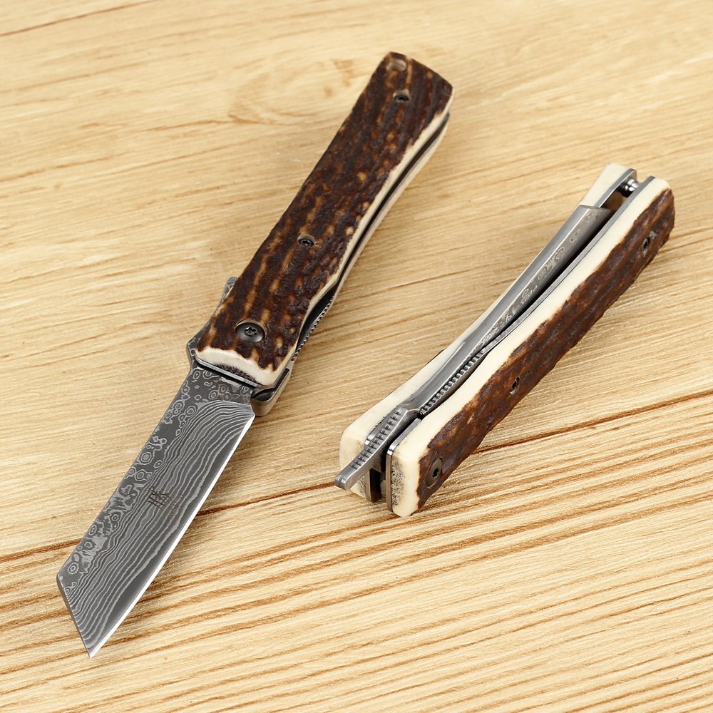 KATSU Handmade Damascus Steel Japanese Razor Pocket Folding Knife with