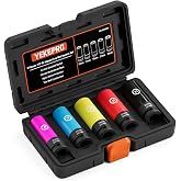 YEKEPRO 5PCS 1/2" Drive Impact Lug Nut Socket Set, 15 17 19 21 22 MM | Impact Wheel Socket Kit, Thin Wall Non-Marring Deep Socket with Protective Sleeves, Color-Coded Sleeves, CR-MO Steel