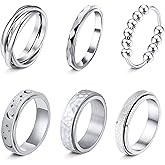 LOFITOR Fidget Rings for Anxiety 6pcs Stainless Steel Spinner Ring Anti Anxiety Ring Spinning Moon Star Cool Stress Relieveing CZ Rings for Women Men Band Rings Set