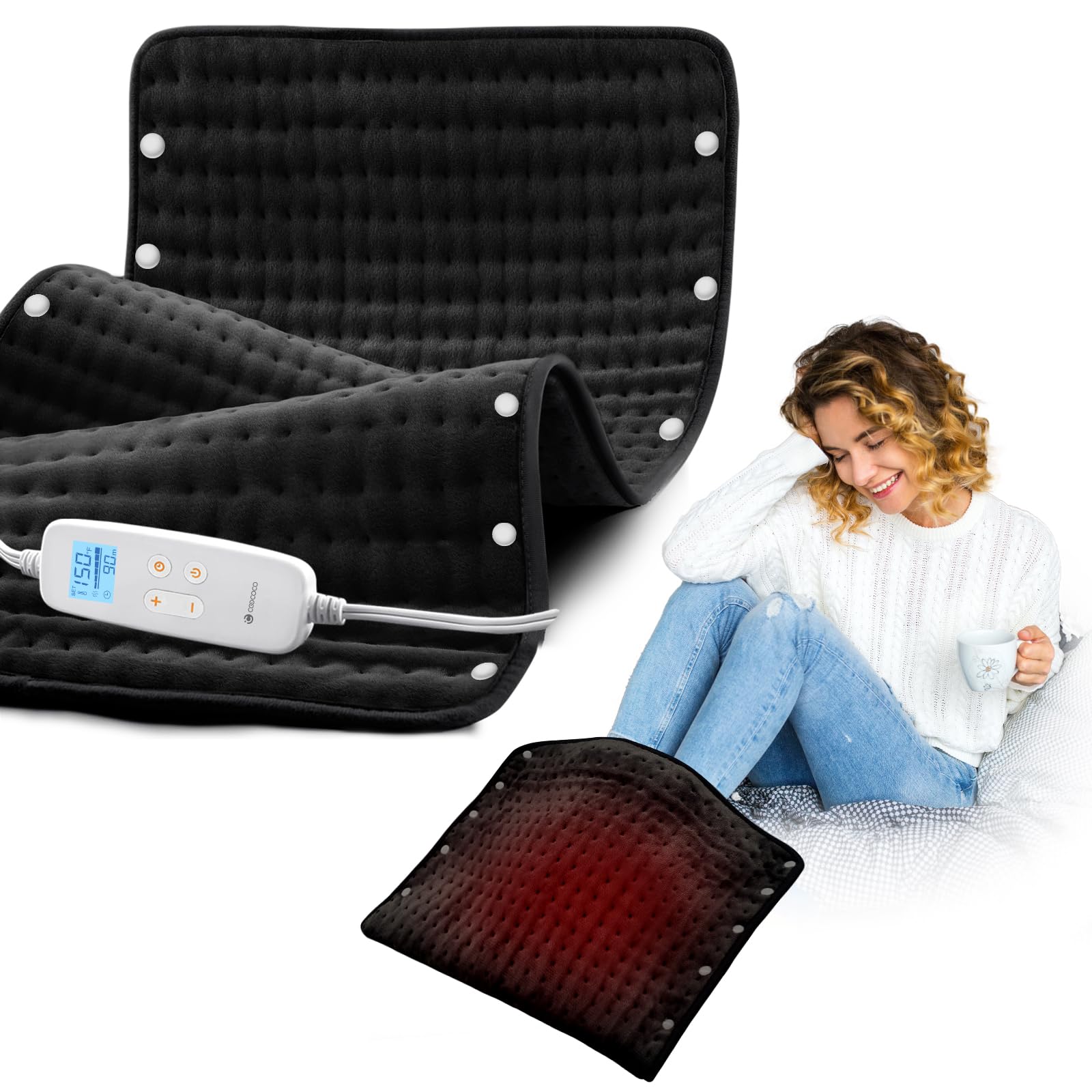 Photo 1 of CooCoCo Large Heating Pad for Back Pain Relief, FSA Eligible Foot Warmer with 10ft Cord, Electric Heating Pad for Feet Period Cramps, Machine Washable, 17"x33"