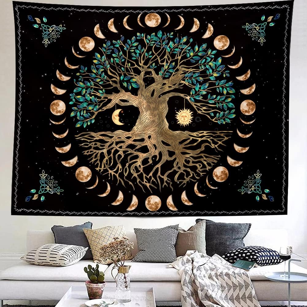 Tapestries - XGXL Moon Phase Tree of Life Tapestry - Mandala Tapestry Aesthetic Wall Hanging Bohemian Wall Decor Nature Spiritual Tapestries for Bedroom Home Dorm