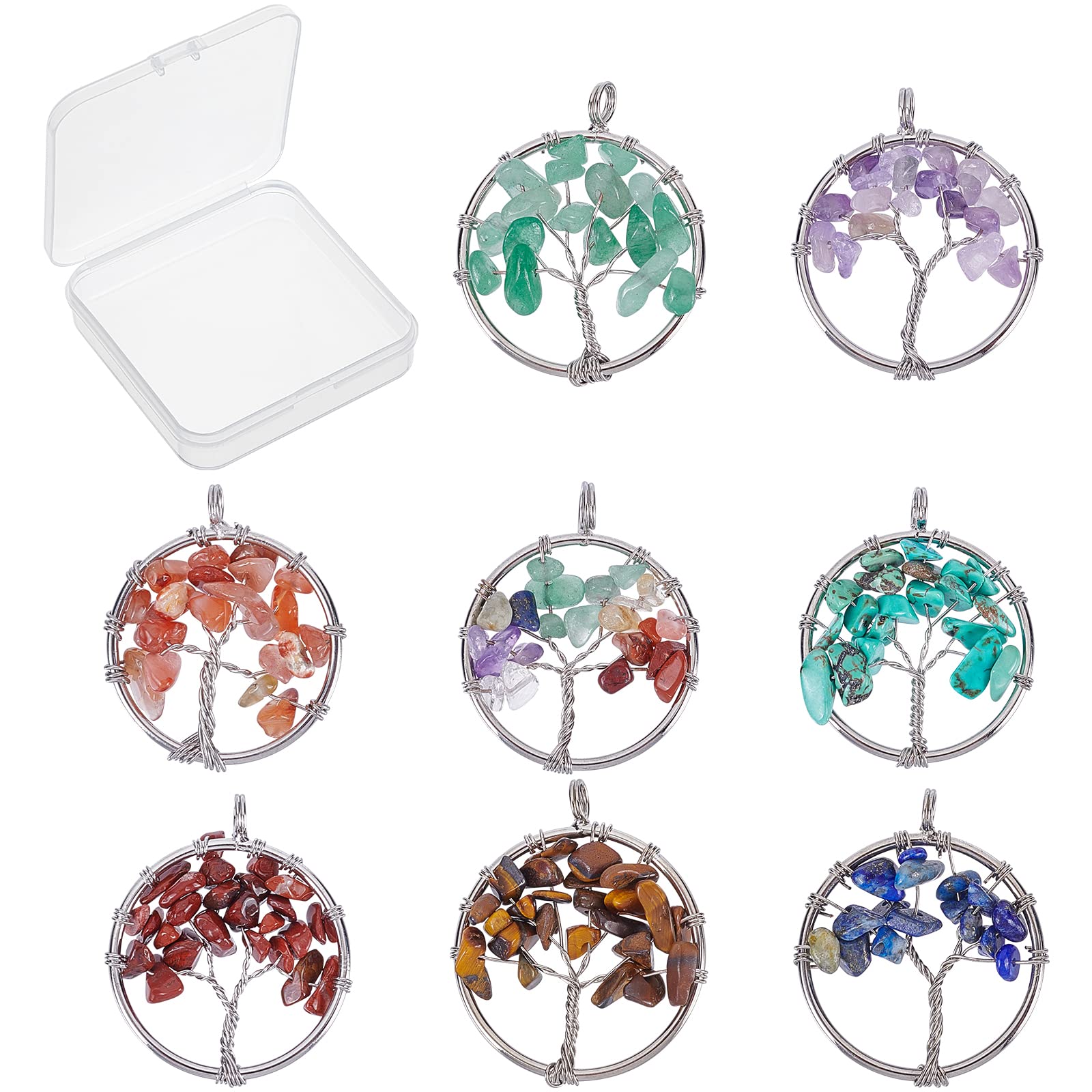 SUNNYCLUE 8Pcs 8 Colors Tree Life Pendant Quartz Crystal Gemstone Pendant Flat Round with Tree of Life Charm Pendants Findings Hole for Jewelry Bracelet Chakra Necklace Making, Mixed Color