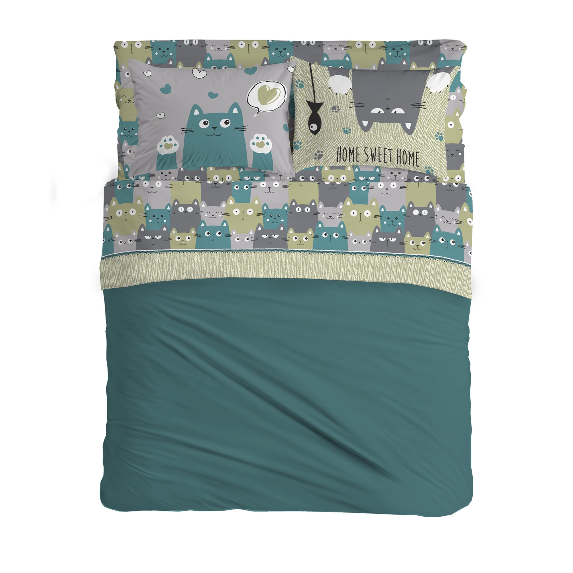 PENSIERI DELICATI Complete Double Bed Set 100% Cotton, Double Bed Sheet Set, 180 x 200 cm, Including Bottom Sheet, Top Sheet and 2 Pillowcases, Made in Italy, Happycat Green Pattern