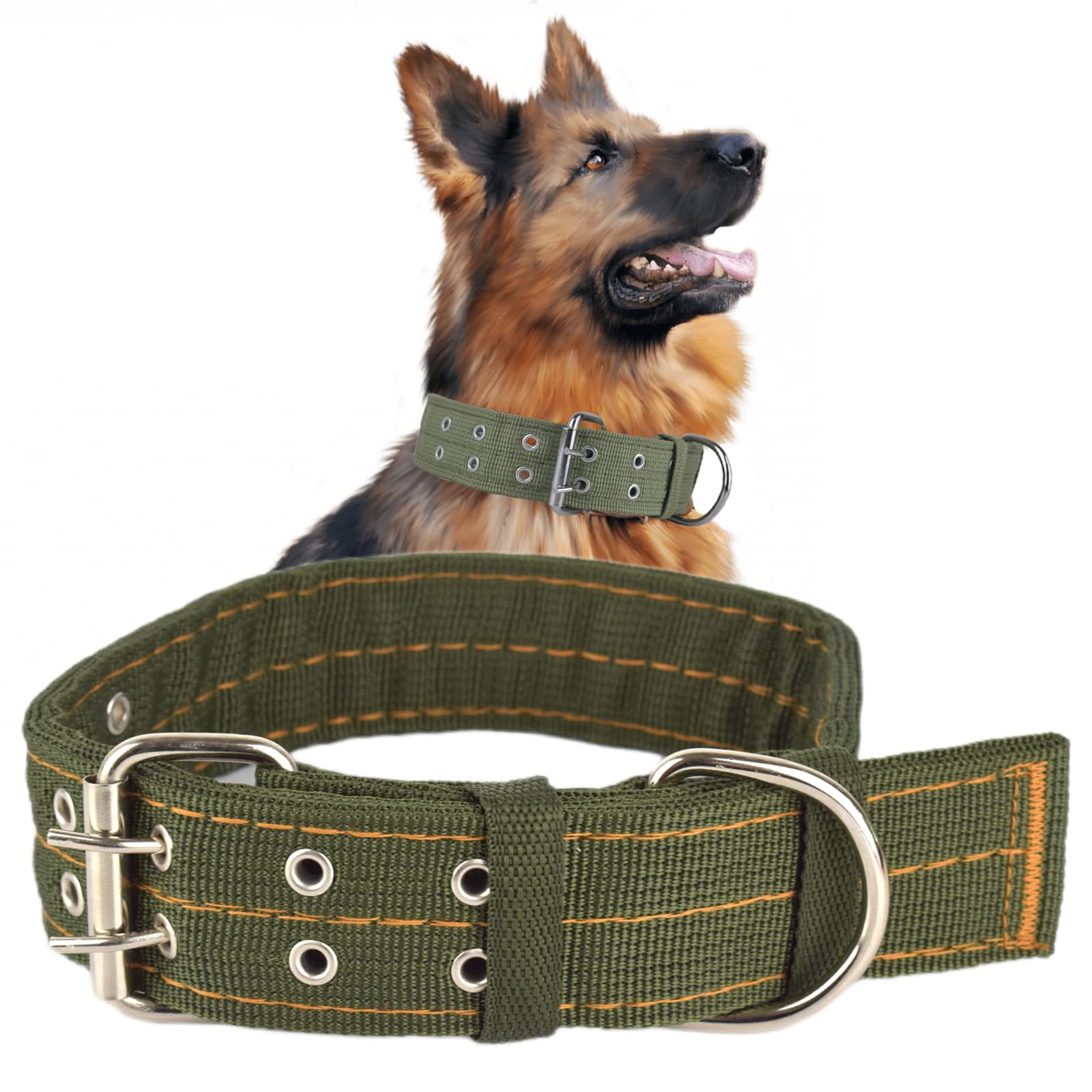 Cdycam Pet Dog Metal Buckle 2-Rows Army Green Nylon Fabric Belt Strap Adjustable Collar (XL, Green)