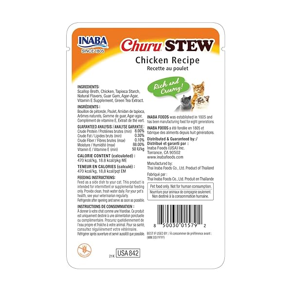 INABA CHURU STEW FOR CATS, CREAMY BROTH GELÉE WITH SHREDDED CHICKEN TOPPER/TREAT POUCH WITH VITAMIN E, 1.4 OUNCES PER POUCH, 6 POUCHES TOTAL, CHICKEN RECIPE