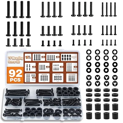 92PCS Universal TV Mounting Hardware Screw Kit Set - M4 M5 M6 M8 Screws, Spacers and Washers for Most TV/Monitor VESA Mount, TV Mount Replacement Screws with Box up to 80", Black