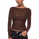 INLYRIC Women's Cosnufy Mesh Sheer Long Sleeve Tops See Through Boat Neck Going Out Tops Trendy Sexy Shirts