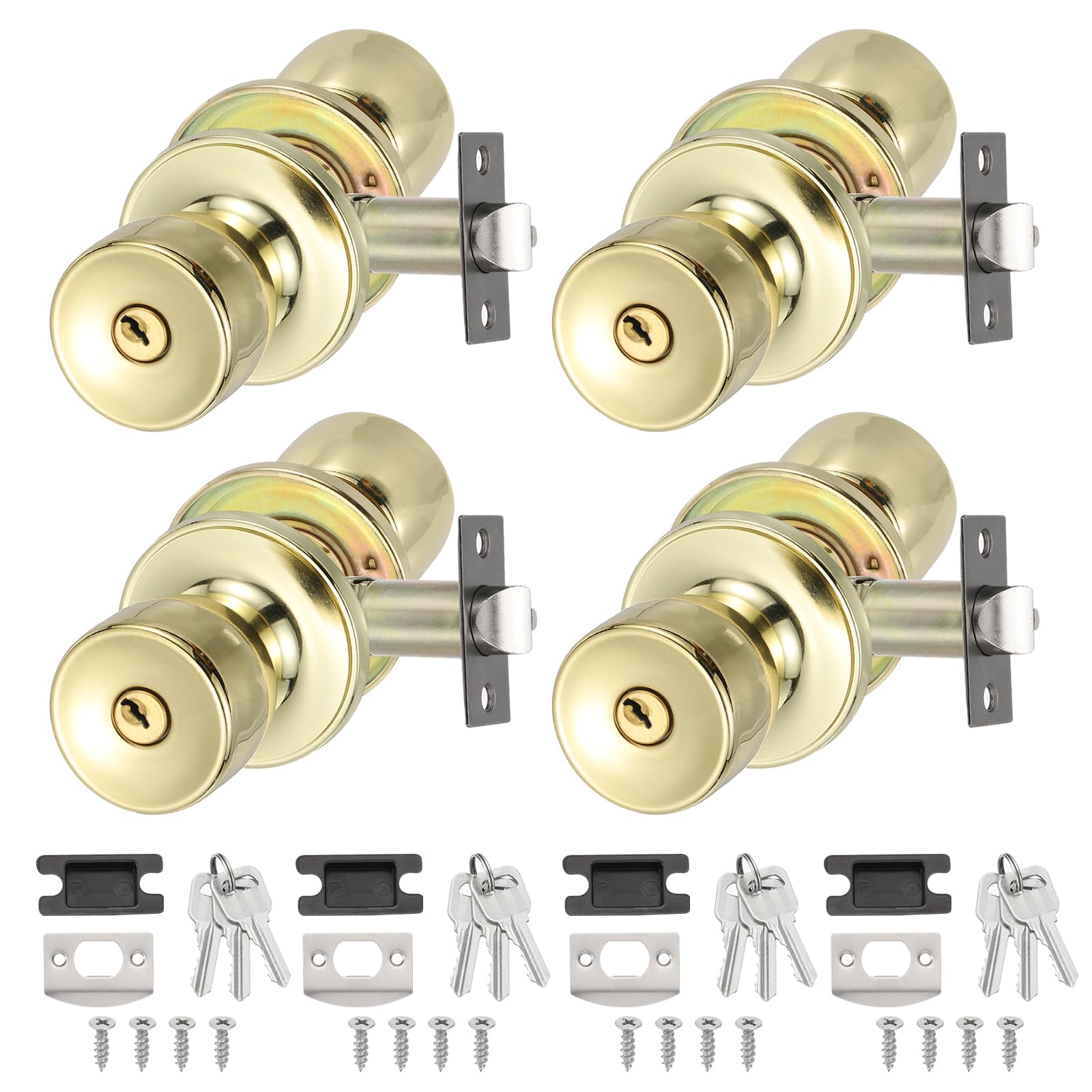 PATIKIL Key Entry Door Knobs Interior, 4 Pack Round Zinc Alloy Bedroom Bathroom Door Knob with Lock Entry Indoor Outdoor Door, Gold