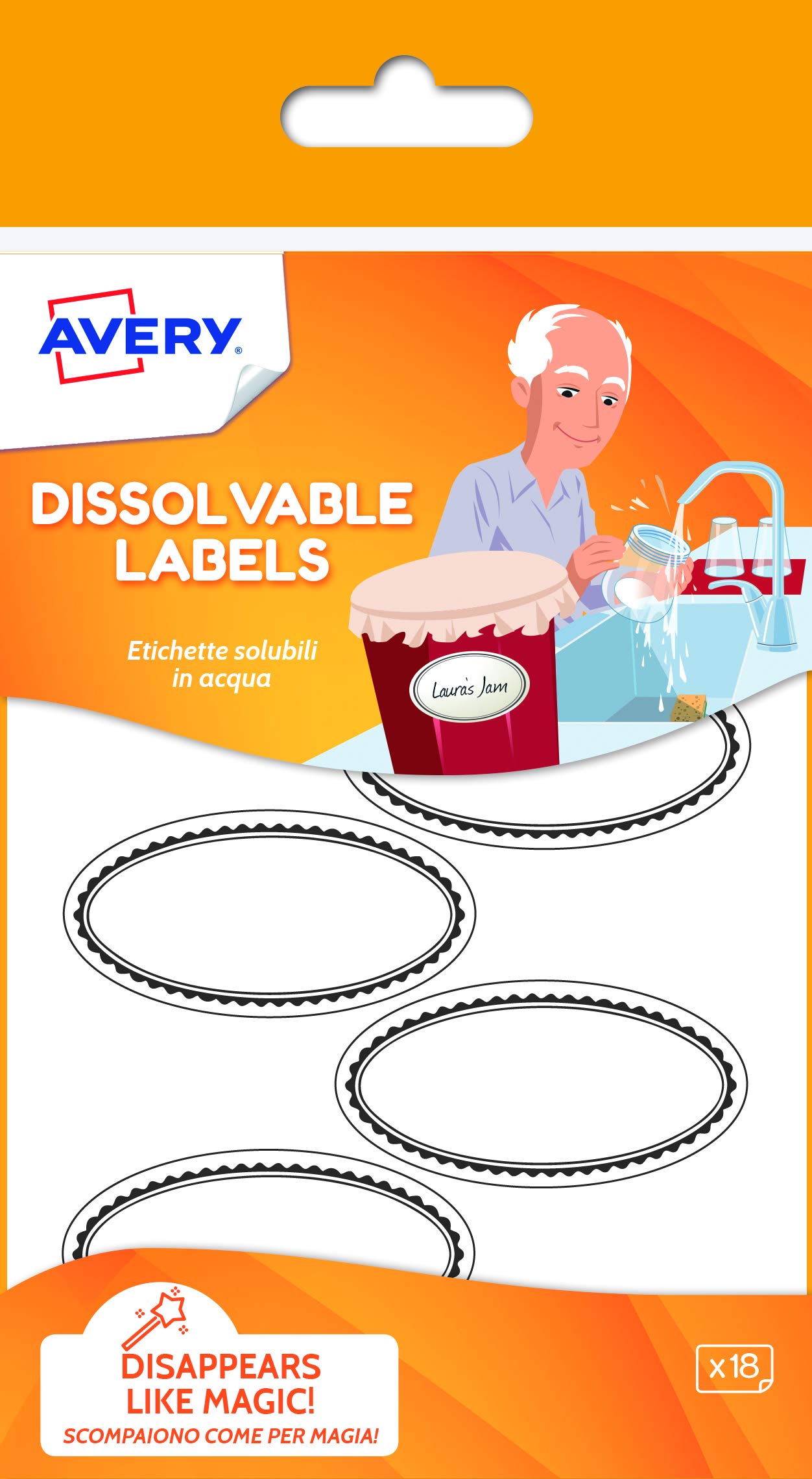 Avery Dissolvable, Wash Off Labels, 55 x 29 mm, 18 Labels Per Pack, White (with Black Decorative Edging)