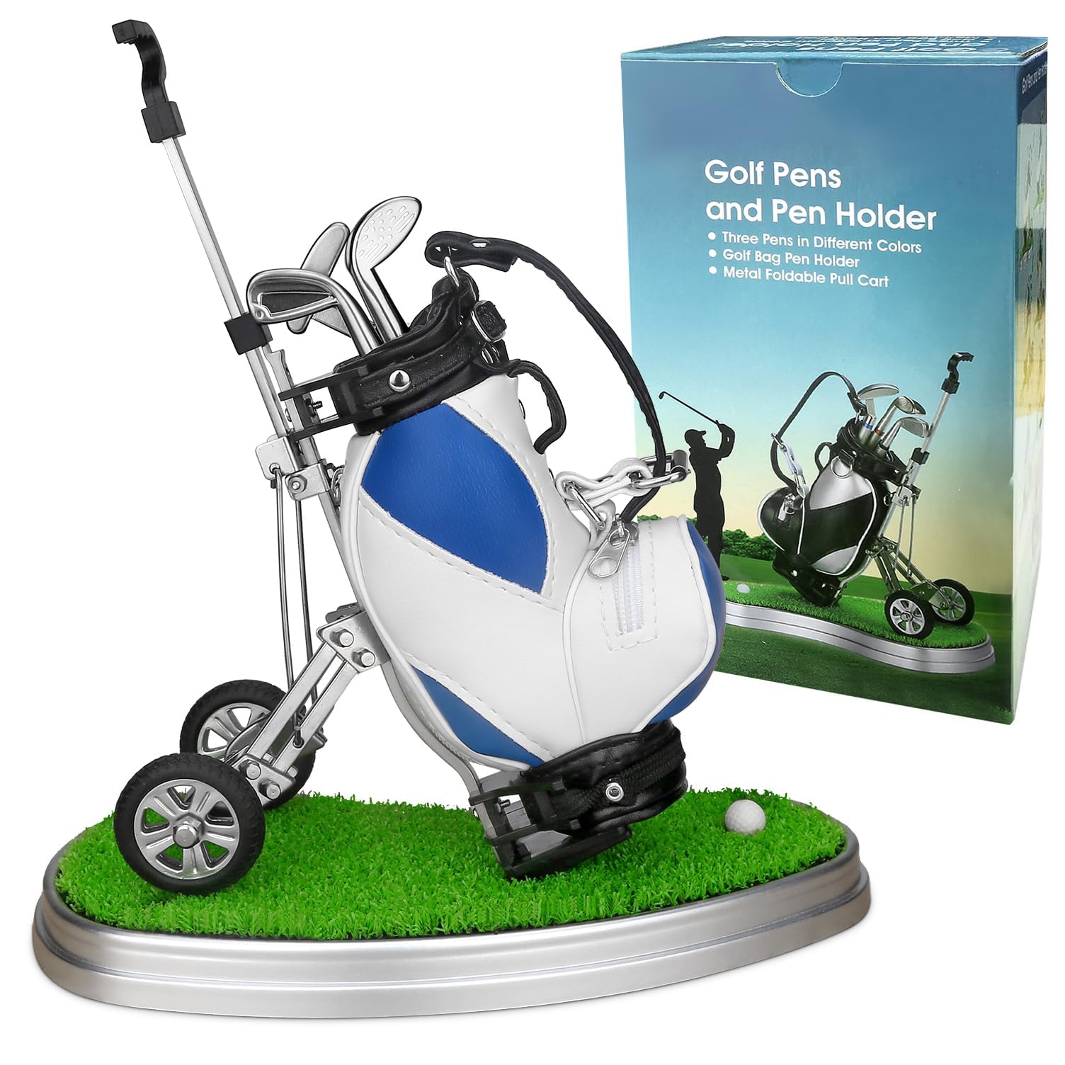 10L0L Golf Pen Holder with 3 Pieces Golf Club Pens Set Unique Golfbag Desk Decor Gifts Souvenirs for Men - Blue + White