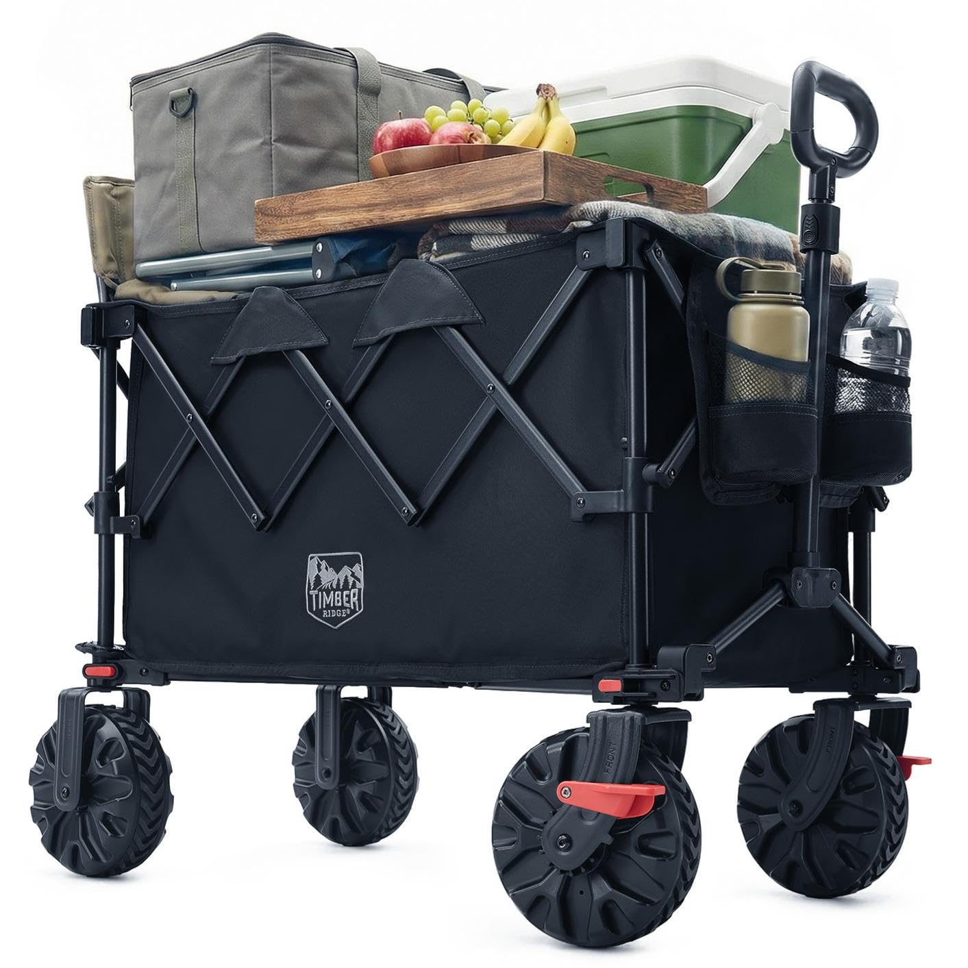 TIMBER RIDGE XXL Bollerwagen Faltbar 250L Breite Reifen mit Bremsen Strandwagen Klappbar 150KG Belastbar mit Getränkehalter All Terrain Transportwagen für Camping Einkaufen Garten