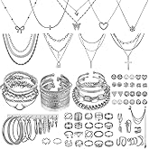 PNYFIL 99 Pcs Silver Plated Jewelry Set for Women - Includes 9 Layered Necklaces, 16 Bracelets, 43 Hoop/Stud/Cuff Earrings &amp; 22 Silver Rings | Complete Jewelry Pack, Ideal Birthday Gift