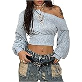 GORGLITTER Women's Off The Shoulder Cropped Sweatshirt Y2k Long Sleeve Cinched Waist Fitted Pullover Crop Tops Trendy