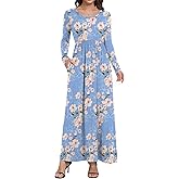 HAOMEILI Women's Round Neck Long Sleeves A-line Casual Dress with Pocket M Floral Light Blue