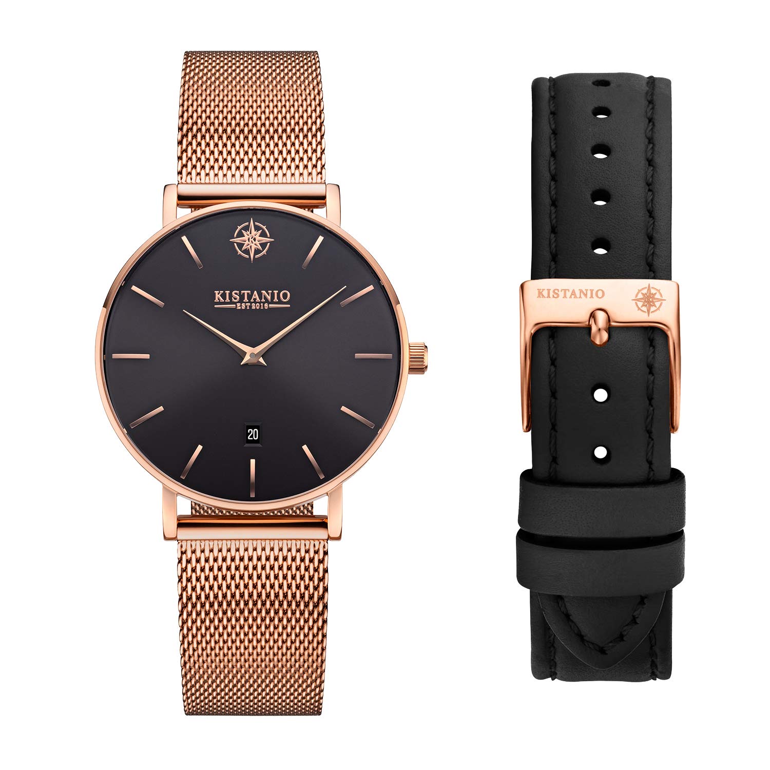 Kistanio Petit RG-BLKS-M-L-BK Women's Watch with Sapphire Glass and Milanese Strap + Extra Leather Strap, Bracelet