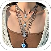 PLwelth Evil Eye Necklaces Layered Choker Necklaces for Women Men Dainty Evil Eye Tree Star Sun Charm Pendant Necklace Glass Leather Rope Chain Necklace Trendy Handmade Bohemian Jewelry Gifts