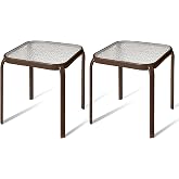 PROLISOK Bronze Metal Outdoor Side Table with Tempered Glass Top Set of 2 &ndash; Elegant Small 16" Square Patio Table &ndash; Durable Weather-Resistant Coffee Bistro Accent End Table for Outside and Garden