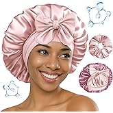 BONNET QUEEN Silk Bonnet for Sleeping Women HYALURONIC Acid Reversible Double Layer Satin Bonnet Night Sleep Cap Wrap for Curly Hair with Adjustable Tie Band & Scrunchie, Cream Pink & Rose Gold