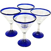 Mexican Hand Blown Glass – Set of 4 Hand Blown Modern Margarita Glasses - Blue Rim (12 oz)