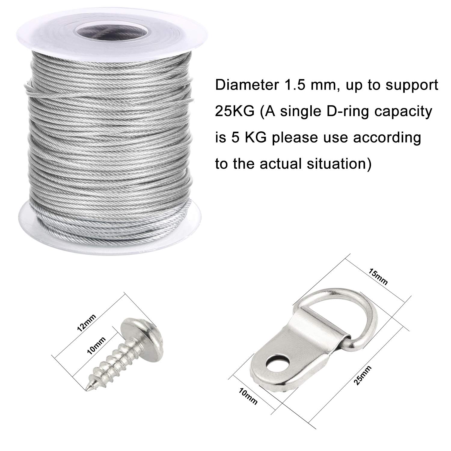 TUPARKA 1.5mmx30m Picture Frame Hanging Wire 304 Stainless Steel Wire Spool with 30 Pcs Aluminum Crimping Loop Sleeve and 15 Sets D-Ring Hangers (Hold Up to 25 KG) - Image 3