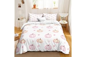 Merryword Cute Girls Duvet Cover Set Cartoon Pumpkin Bedding Set Twin Size Pink Orange Pumpkin Pattern Cartoon Bedding Sets (Twin,White)