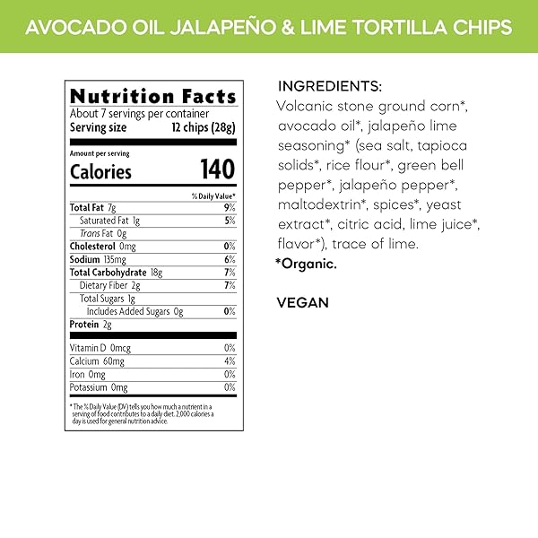 QUE PASA ORGANIC AVOCADO OIL JALAPENO & LIME TORTILLA CHIPS, 7.5 OZ (PACK OF 1), GLUTEN FREE, NON-GMO, BY NATURE’S PATH