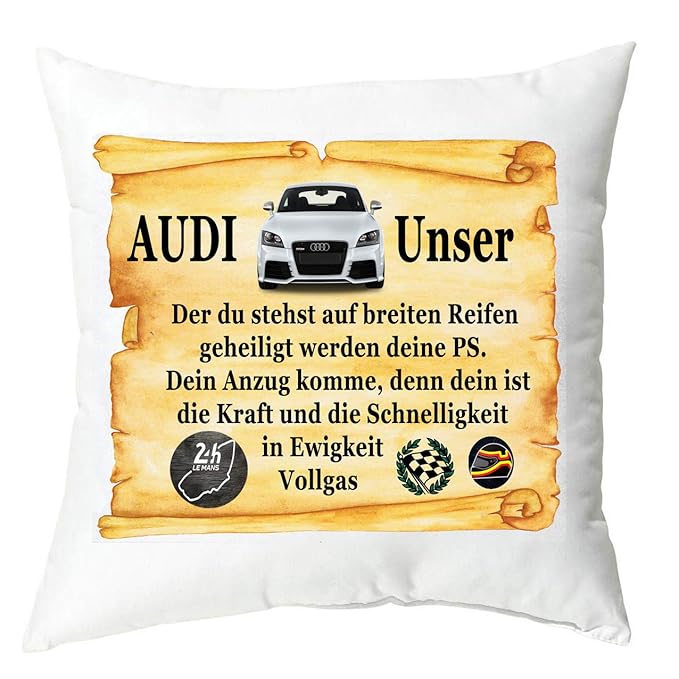 Handmade by GmH Kissenbezug Kissenhülle weiß bedruckt Audi Unser Audi Fan Gebet lustiges Geschenk