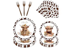 refavor Highland Cow Party Plates, 96PCS Cow Party Decor Supplies Highland Cow Paper Plates Napkins Forks Tableware Baby Shower Decorations Disposable Cow Print Birthday Plates