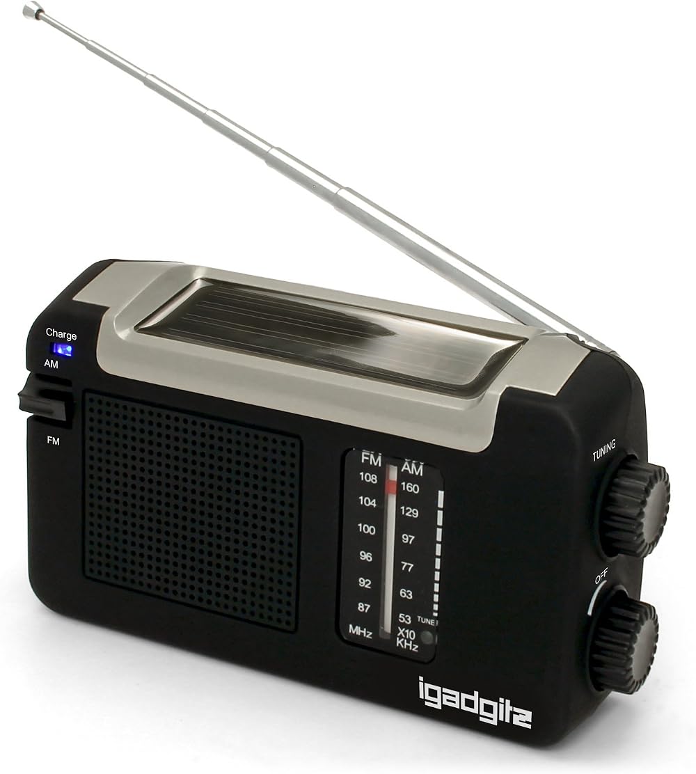 igadgitz Xtra U4457 Wind Up Solar USB Rechargeable Portable AM/FM Radio Black