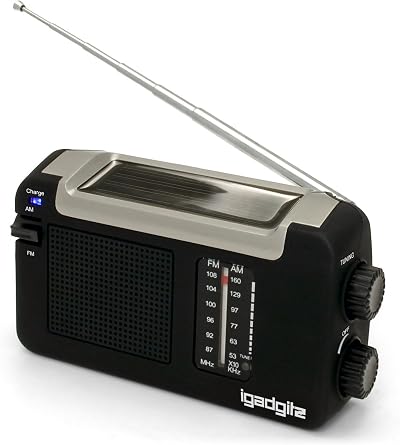 igadgitz Xtra U4457 Wind Up Solar USB Rechargeable Portable AM/FM Radio Black