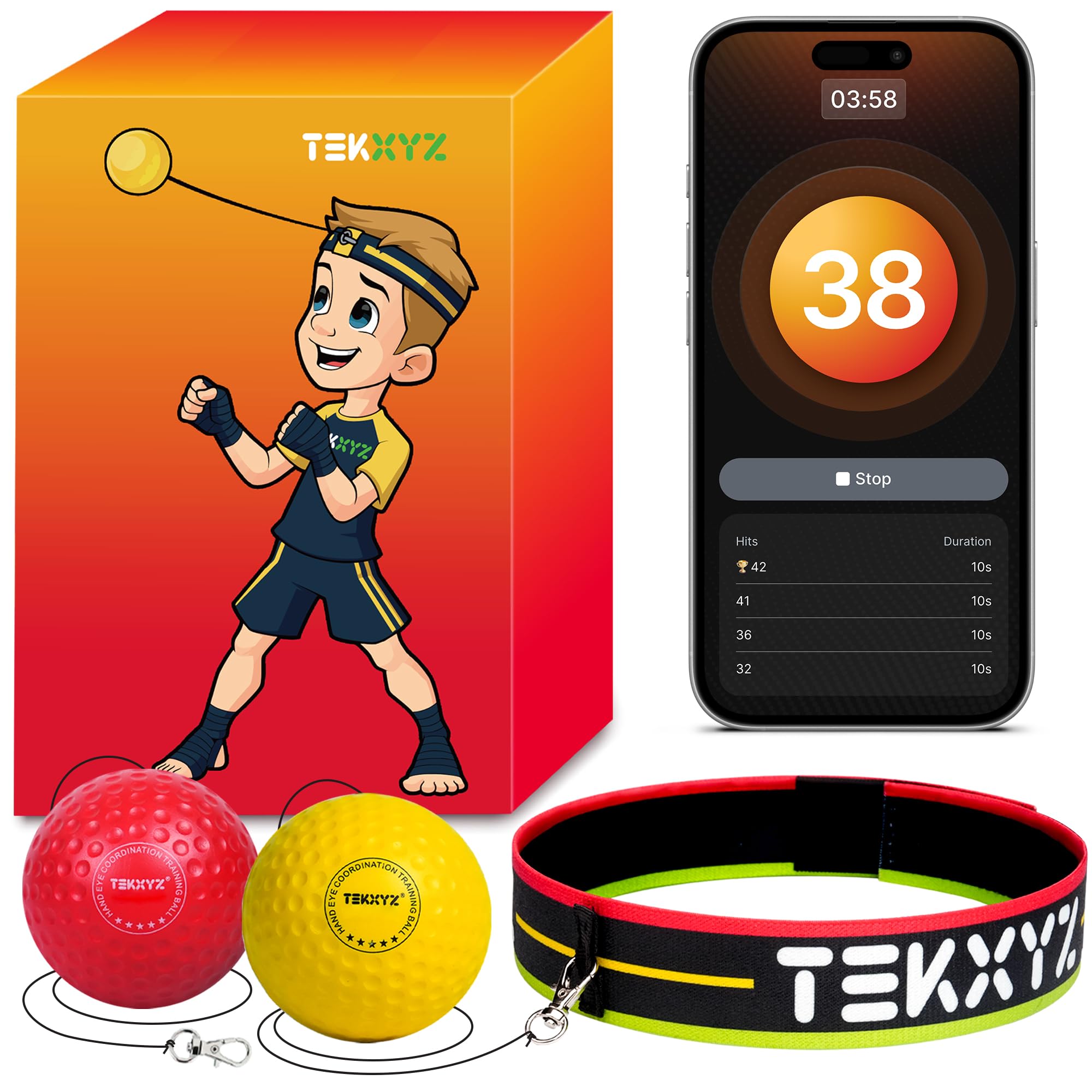 TEKXYZ Reflex Ball with Counter App & Online Community, 2 Difficulty Levels Boxing Ball with Headband, Perfect for Reaction, Agility, Punching Speed, Fight Skill & Hand Eye Coordination Training