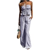 WDIRARA Women's Striped 2 Piece Pants Set Strapless Tie Bandeau Wide Leg Pants Outfits