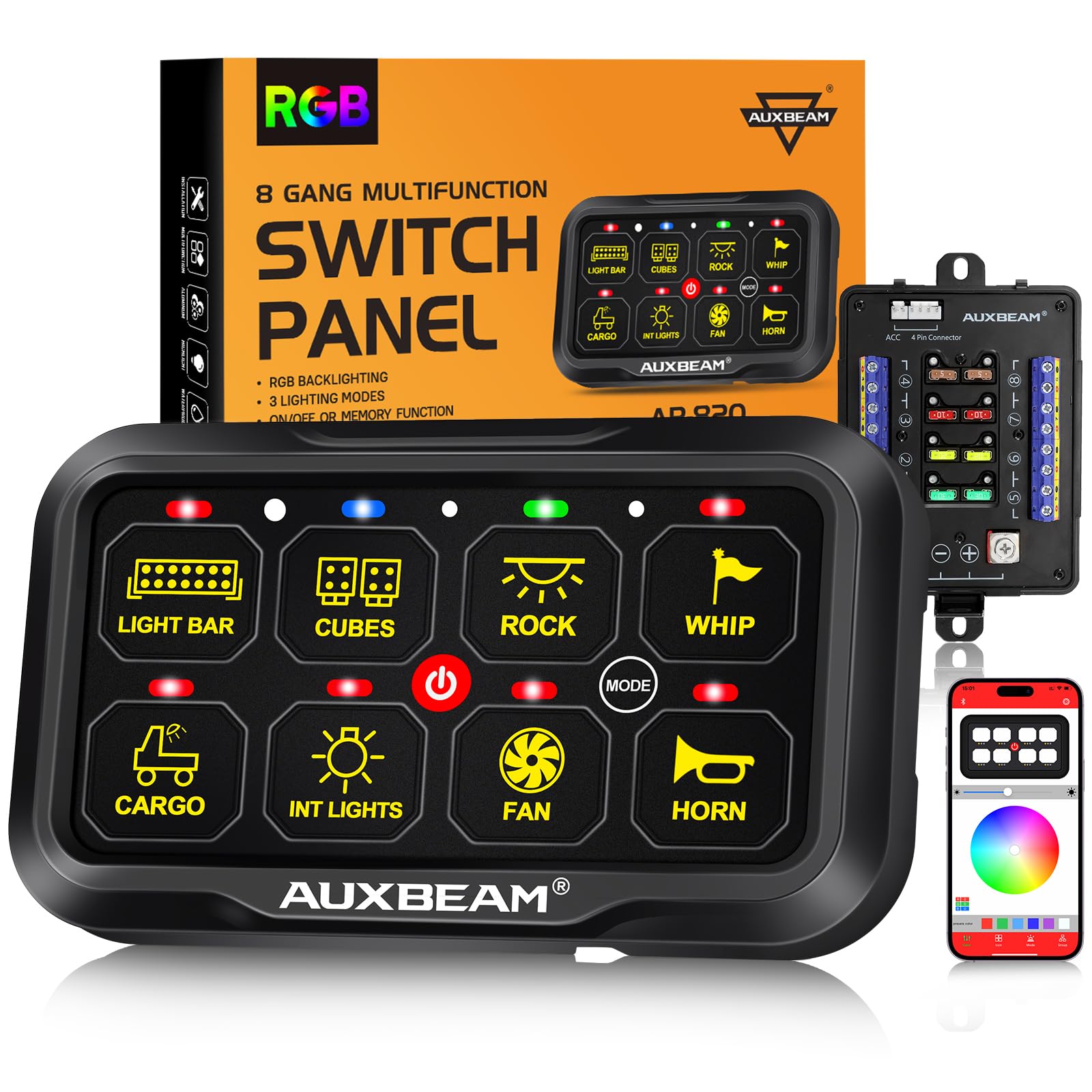 Photo 1 of Auxbeam 8 Gang Switch Panel AR-820 Bluetooth RGB Switch Pod Automatic Dimmable Multifunction Switch w/Toggle Momentary Pulsed Control Panel for UTV ATV Truck Car RV Boat Waterproof 3 Years Warranty