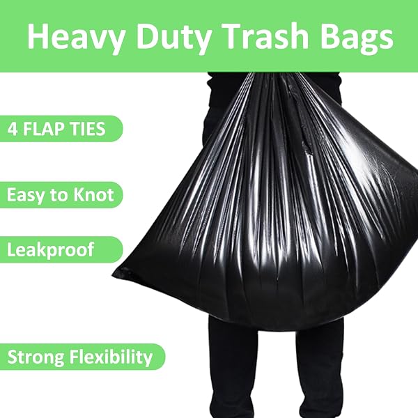 65 GALLON TRASH BAGS HEAVY DUTY 1.2 MIL 60 COUNT BULK WITH 4 INNOVATIVE FLAP TIES | COMPATIBLE WITH RUBBERMAID BRUTE 65 GALLON ROLLOUT TRASH CAN BIN | TEAR & LEAK RESISTANT BLACK