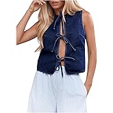 MakeMeChic Women's Jean Vest Tie Front Sleeveless Crop Denim Vest Top Jackets