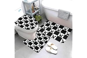 Jbofyee Black and White Video Game 3 Piece Bathroom Rugs Set, Bath Mat + Contour Mat + Toilet Seat Cover, Non-Slip Soft Microfiber Bathmat for Tub Shower Room Decor, Machine Washable