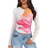 ZESICA Womens 2026 Spring Floral Mesh Going Out Tops Long Sleeve Crewneck Slim Fit Ruched Y2k Shirt Beach Vacation Outfit