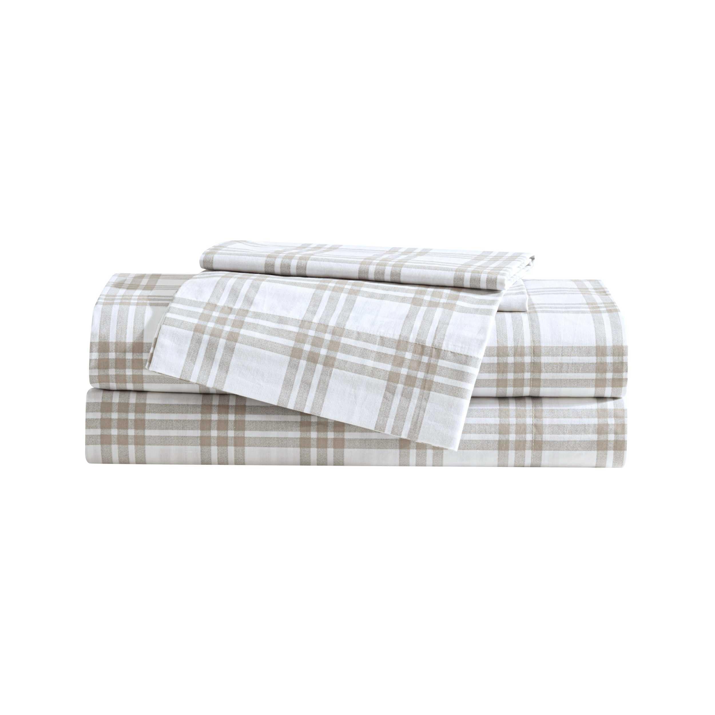 Eddie Bauer - Queen Sheet Set, Cotton Percale Bedding Set, Super Soft and Bedding Set, Oeko-Tex Certified (Basic Plaid Beige, Queen) Image