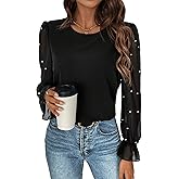 SOLY HUX Women's Mesh Long Sleeve Tops Pearls Beaded Elegant Business Casual Blouse Shirts