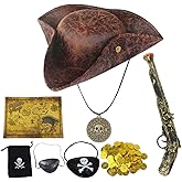 Brown Renaissance Pirate Hat - 7 PCS Pirate Costume Accessories,Pirate of Hat,Gun,Treasure Map,Metal Skull Necklace,2 PCS Eye Patch,20 PCS Gold Coins Plastic,Money Bag,Cosplay Renaissance Outfit